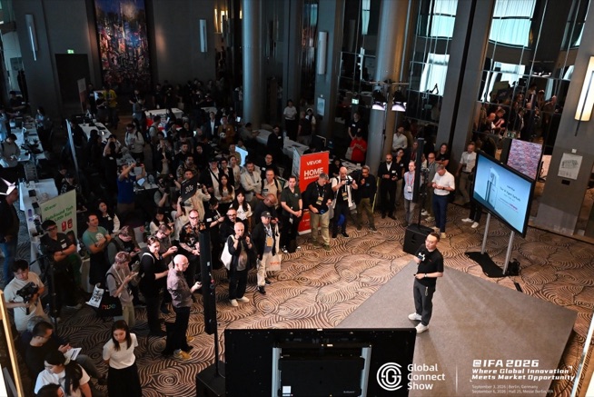 A crowd gathers around the stage for brand pitches at GCS IFA 2026